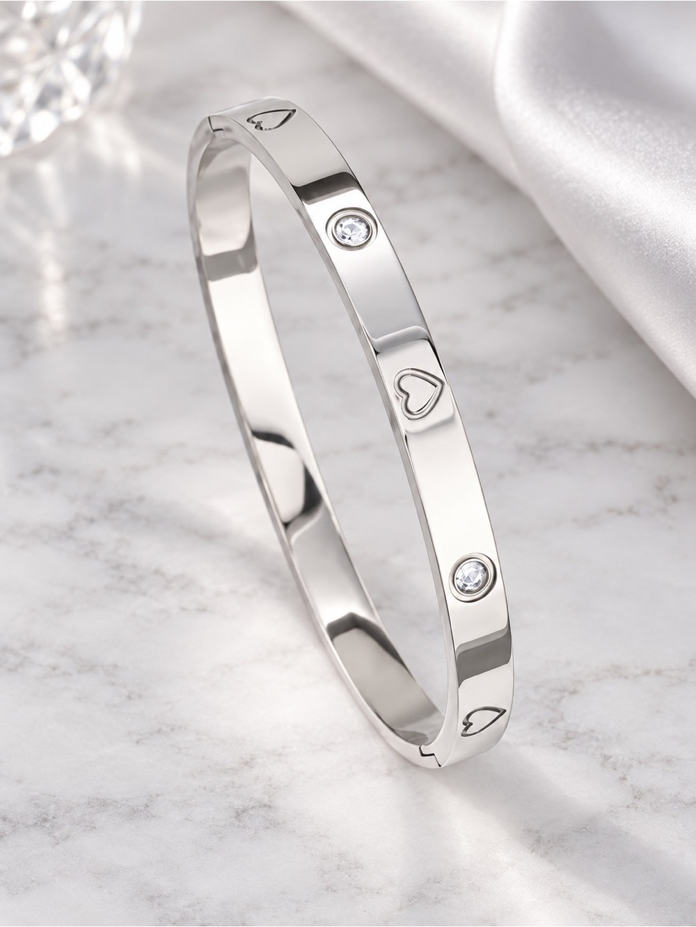 Polished Silver Crystal Cuff Bracelet